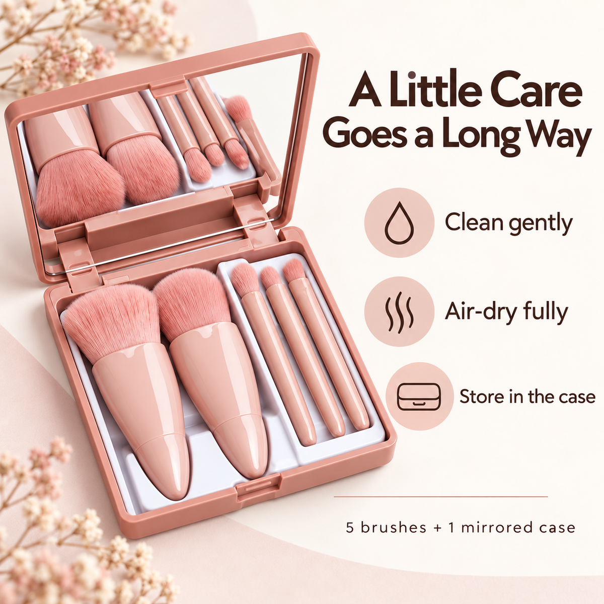 Makeup brush care: clean gently, air-dry fully, store in the case