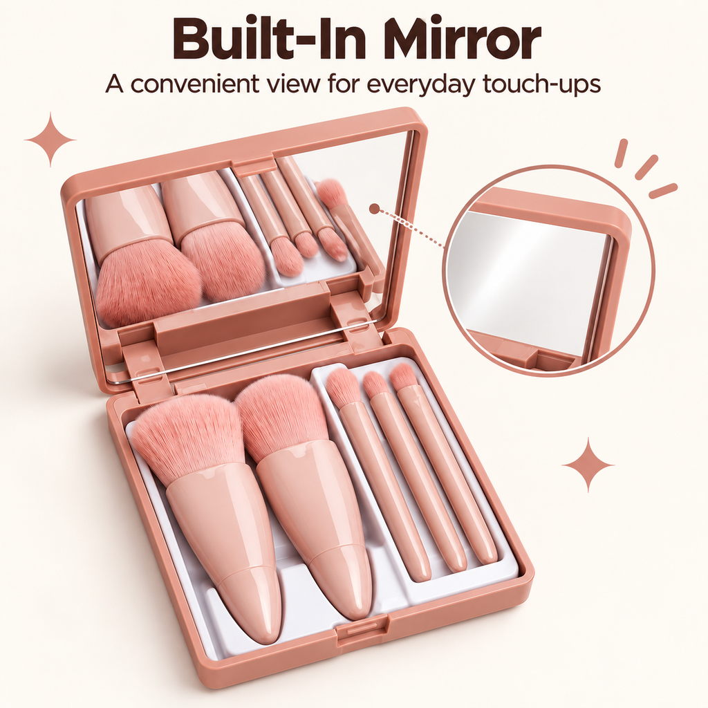 Pink makeup brush kit with built-in mirror