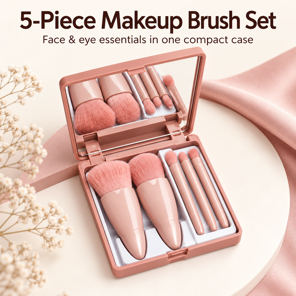 Five-piece pink makeup brush set for face and eye makeup