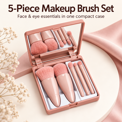 Five-piece pink makeup brush set for face and eye makeup