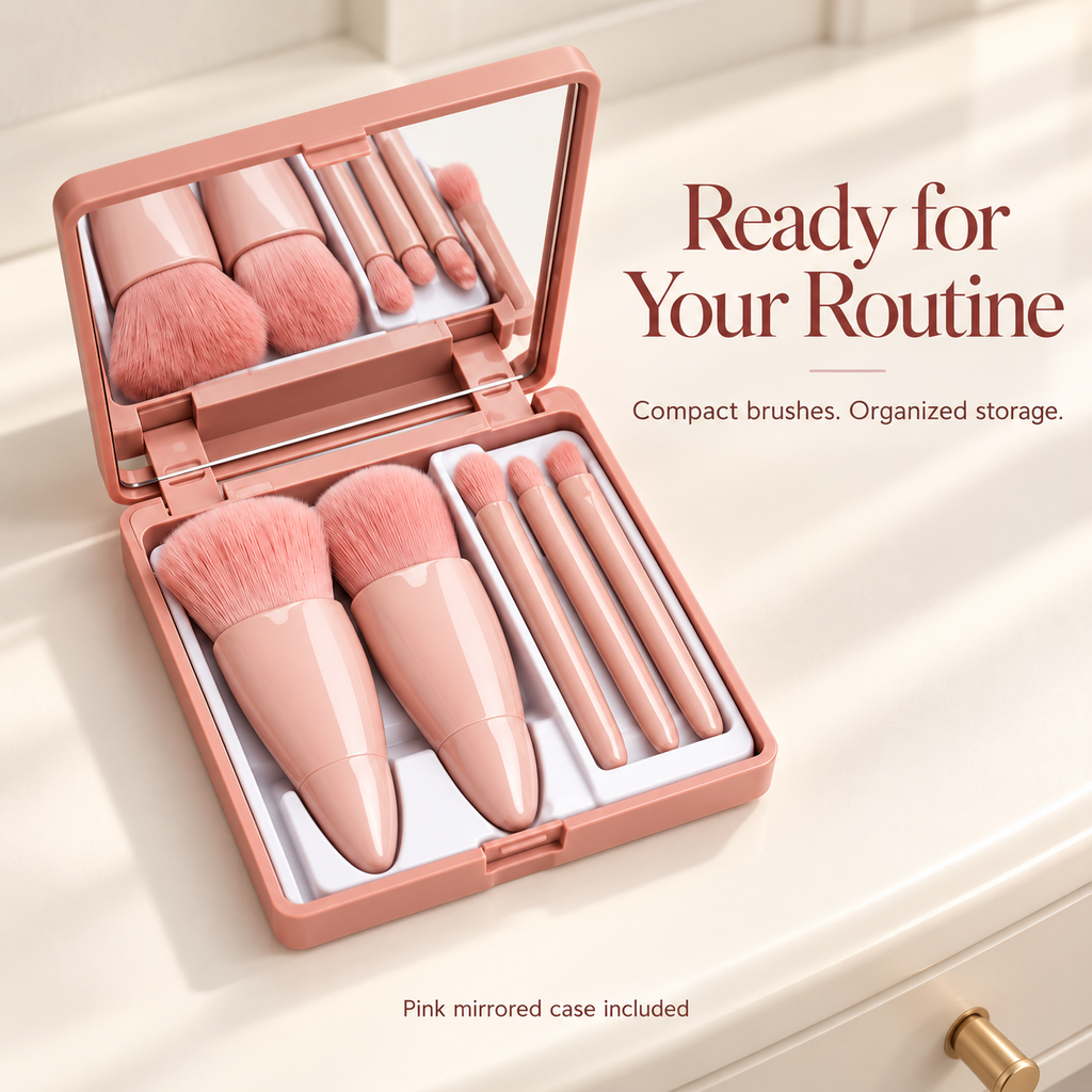 Compact pink brushes in organized mirrored storage case
