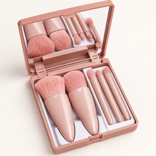 Pink five-piece makeup brush set in an open mirrored case
